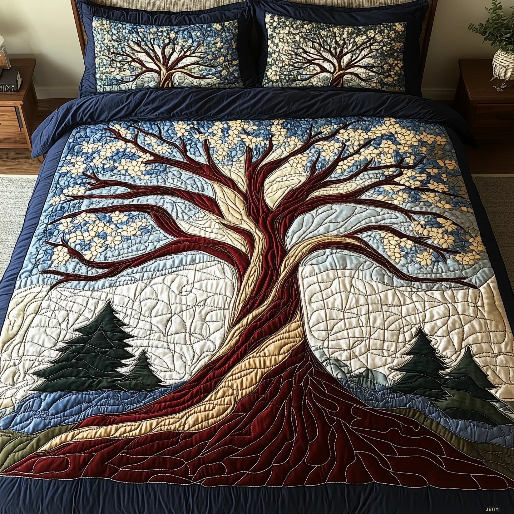 Quilted bedspread set with layered pines and ferns in sage, moss and pale gold in the Forest Harmony design