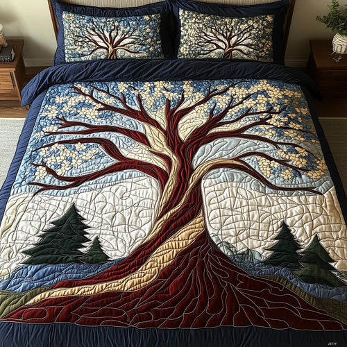 Quilted bedspread set with layered pines and ferns in sage, moss and pale gold in the Forest Harmony design