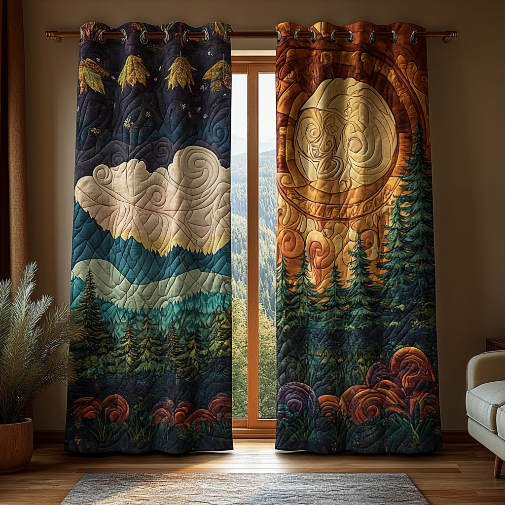 Cloud and Moon Forest quilted curtains – moon and clouds above pines