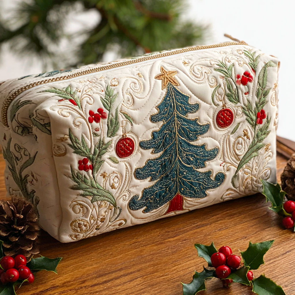 Forest Noel quilted make-up bag with blue-green Christmas tree with red baubles and holly on cream