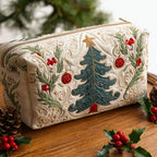 Forest Noel quilted make-up bag with blue-green Christmas tree with red baubles and holly on cream