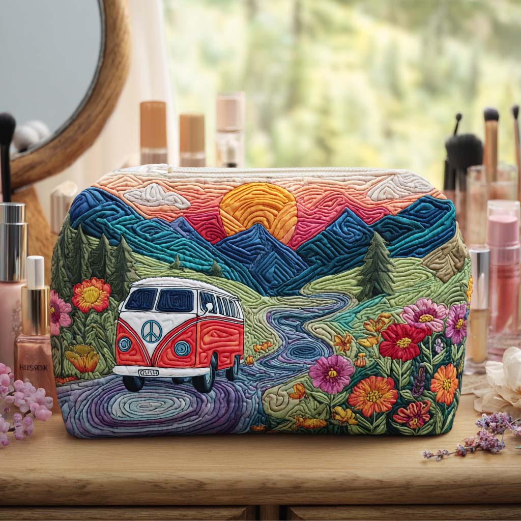 Quilted make-up bag with a Free Spirit Horizons design showing a retro camper van facing an open horizon of daisies and rolling hills