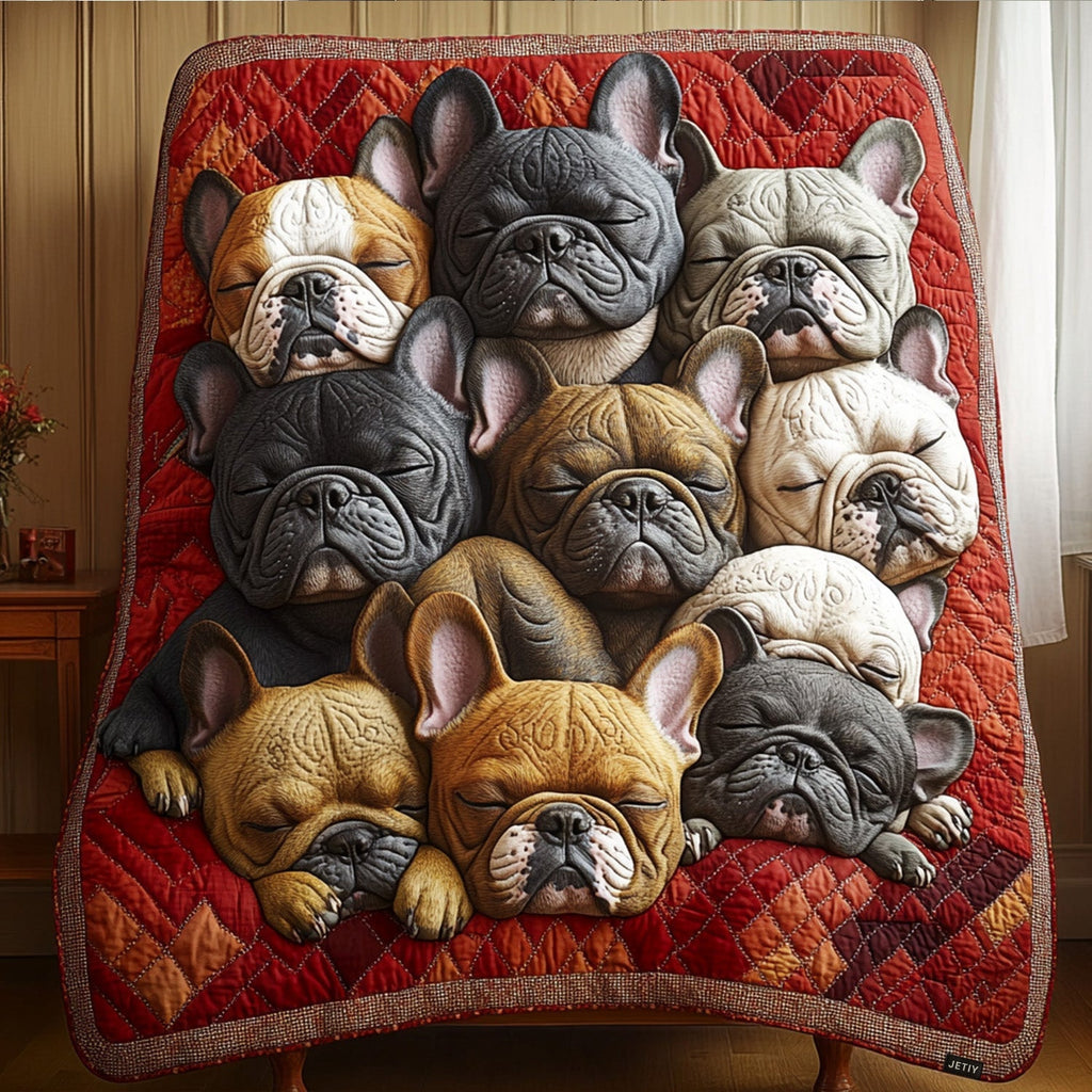 Frenchie Pile quilted throw – french Bulldogs snuggled on red