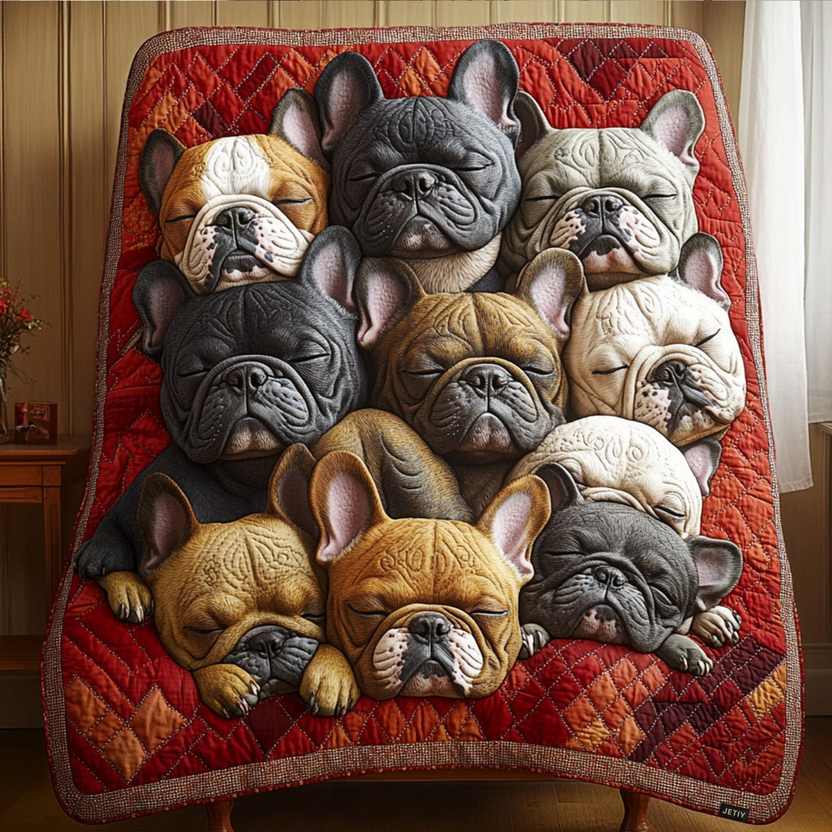 Frenchie Pile quilted throw – french Bulldogs snuggled on red