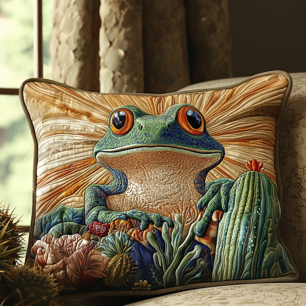 Frog and Cactus quilted pillowcase – wide-eyed frog among cacti