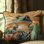 Frog and Cactus quilted pillowcase – wide-eyed frog among cacti
