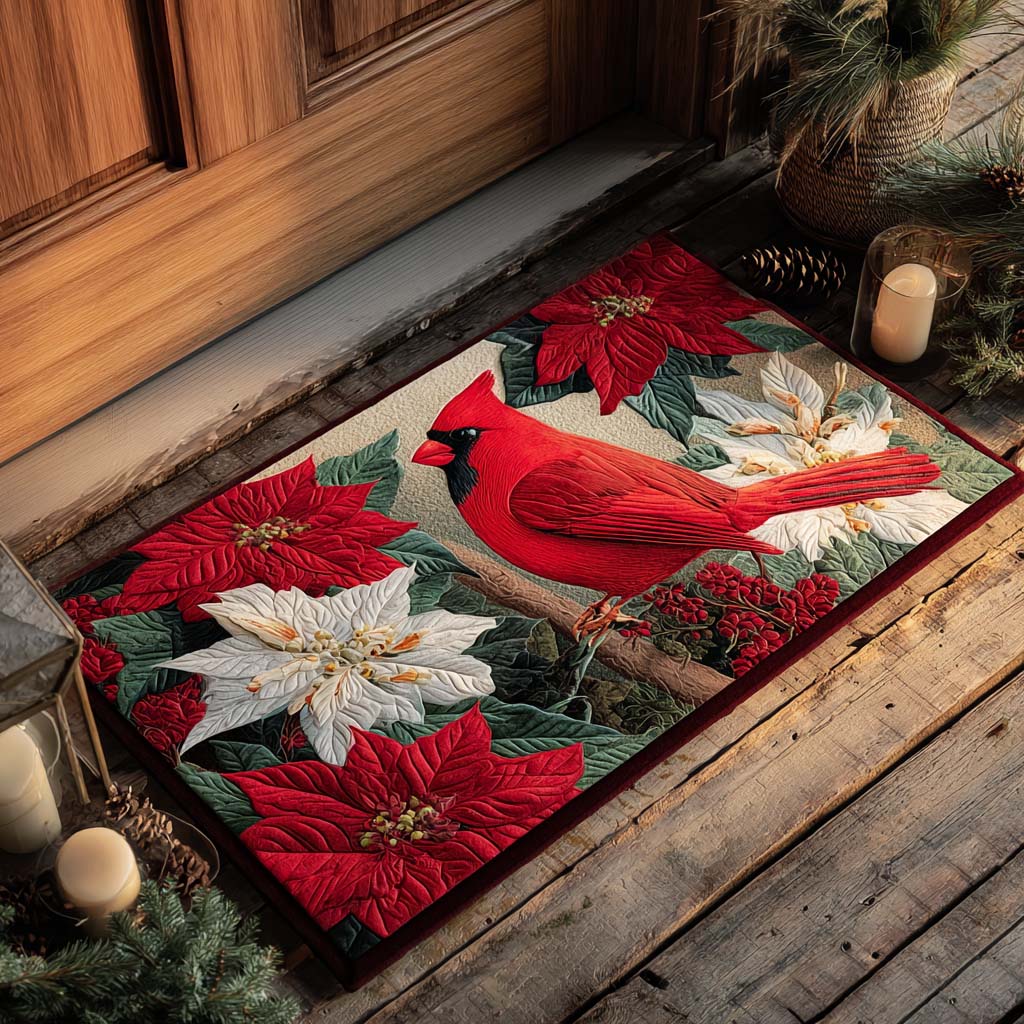 Frost Bloom Cardinal doormat – cardinal and poinsettias