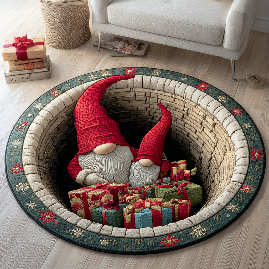 Frosty Garden Gnome round rug – gnomes in a brick well