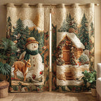 Snowman Cabin Deer quilted curtains – snowman and deer by a cabin