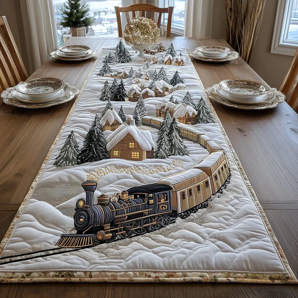 Quilted table runner with a Frosted Branches design of frost-covered branches leaning over an old rail against a pale winter sky