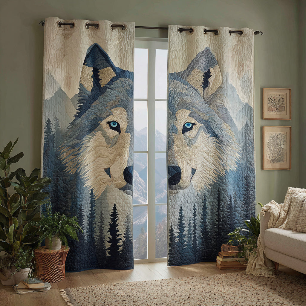 Frost Wolf Pines quilted curtains – wolf above snowy pines