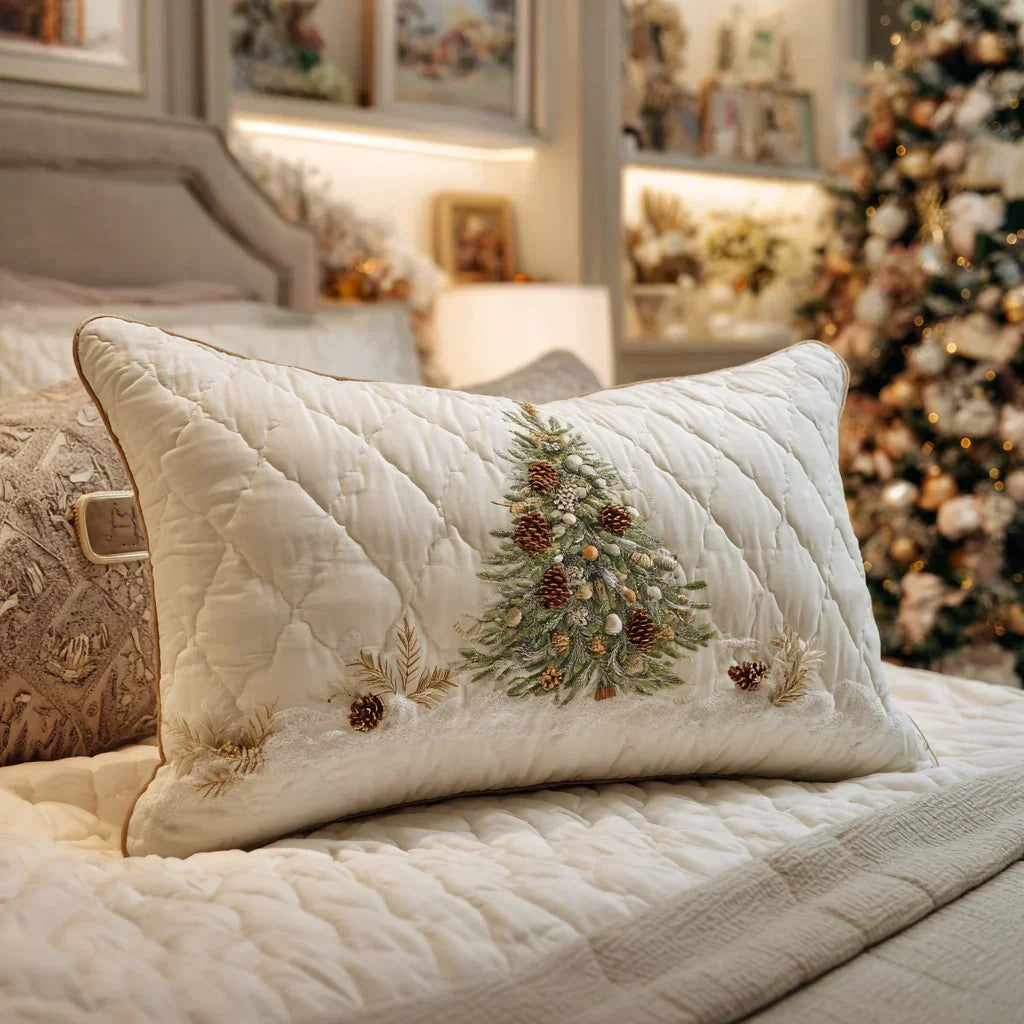 Quilted pillowcase with the Frosted Haven design of a snow-covered lodge among frosted firs with a deer at the edge of a pale winter landscape