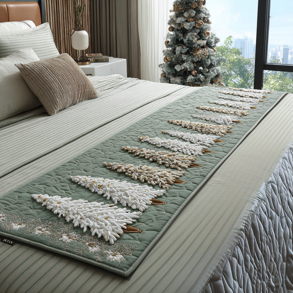 White Trees on Sage quilted bed runner – white Christmas trees on sage