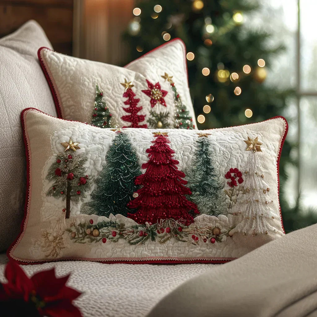Quilted pillowcase with the Frosted Wonder design, crisp ice-white snowflakes and frosted patterning on a pale ground over wave-stitch quilting