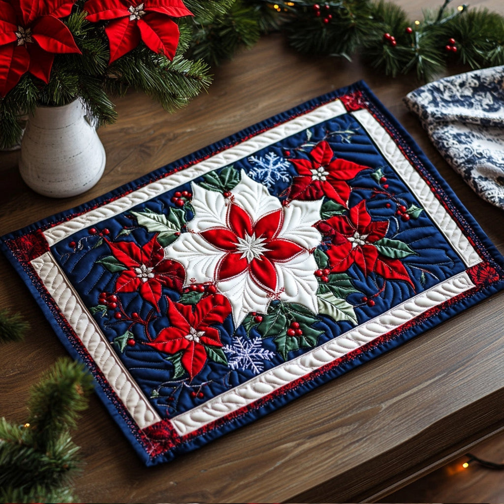 Frosted Poinsettia quilted placemats – poinsettias and snowflakes