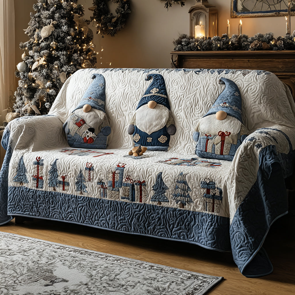 Gnome Winter Village quilted sofa cover – gnomes above a snowy village