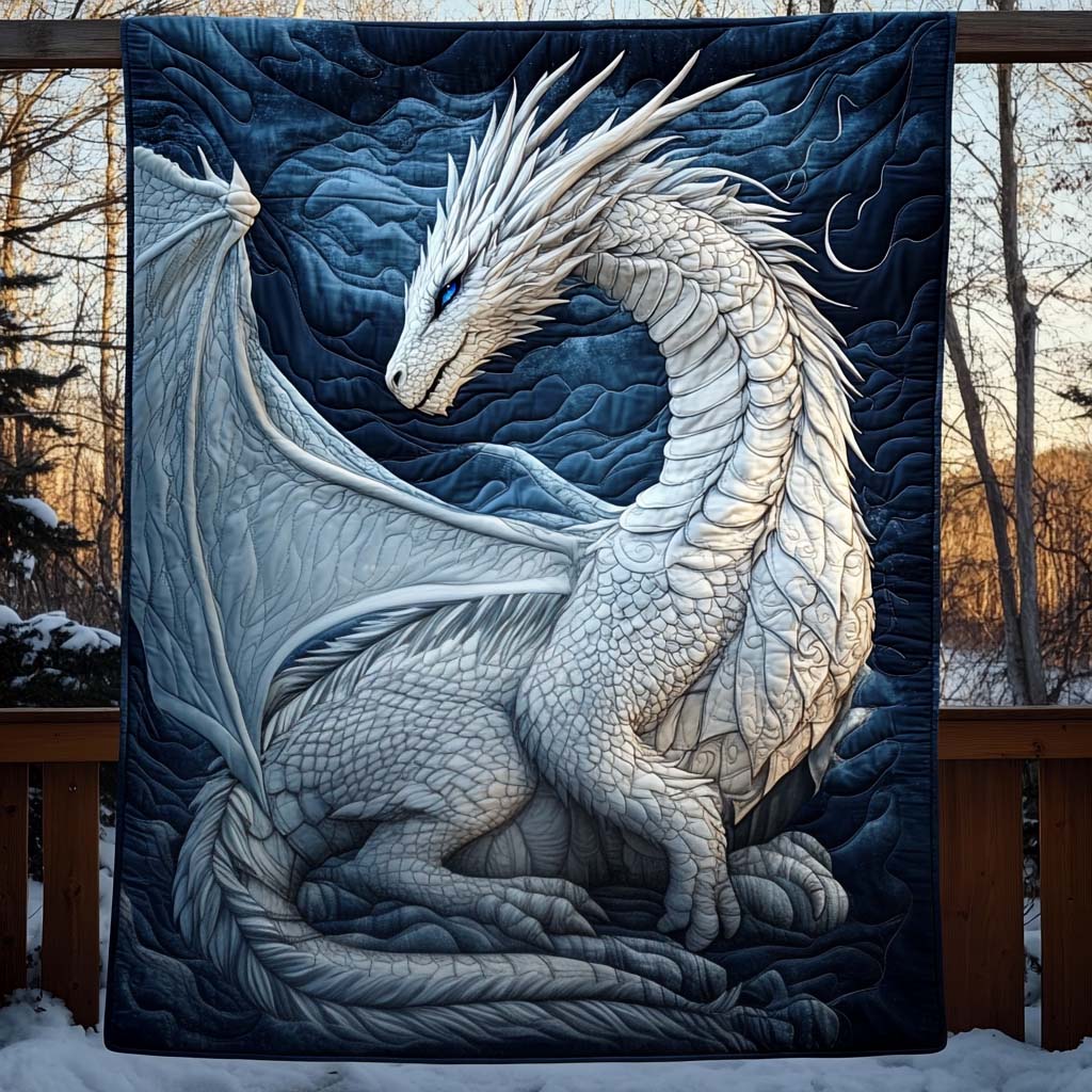 Silver Dragon quilted throw – silver-white dragon on navy