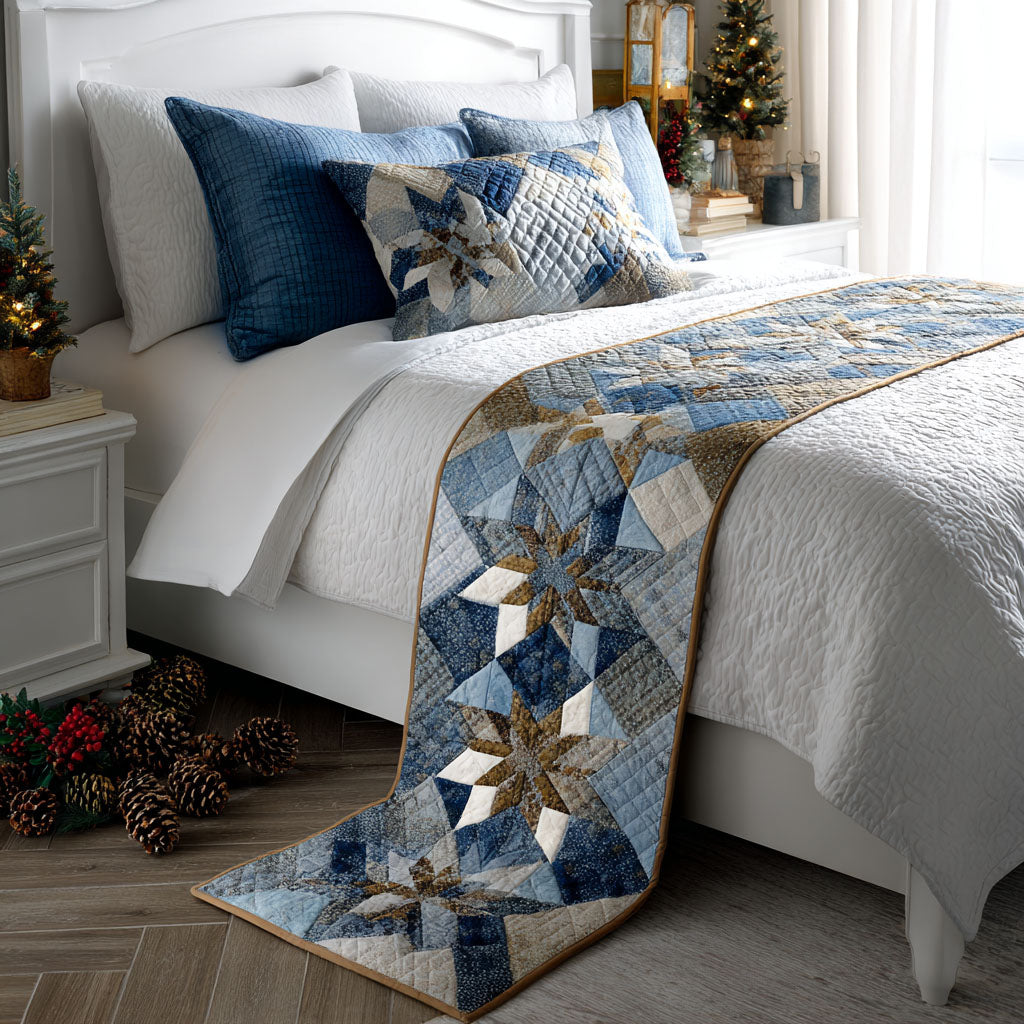 Blue Poinsettia Patchwork quilted bed runner – white poinsettias in blue patchwork