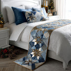 Blue Poinsettia Patchwork quilted bed runner – white poinsettias in blue patchwork