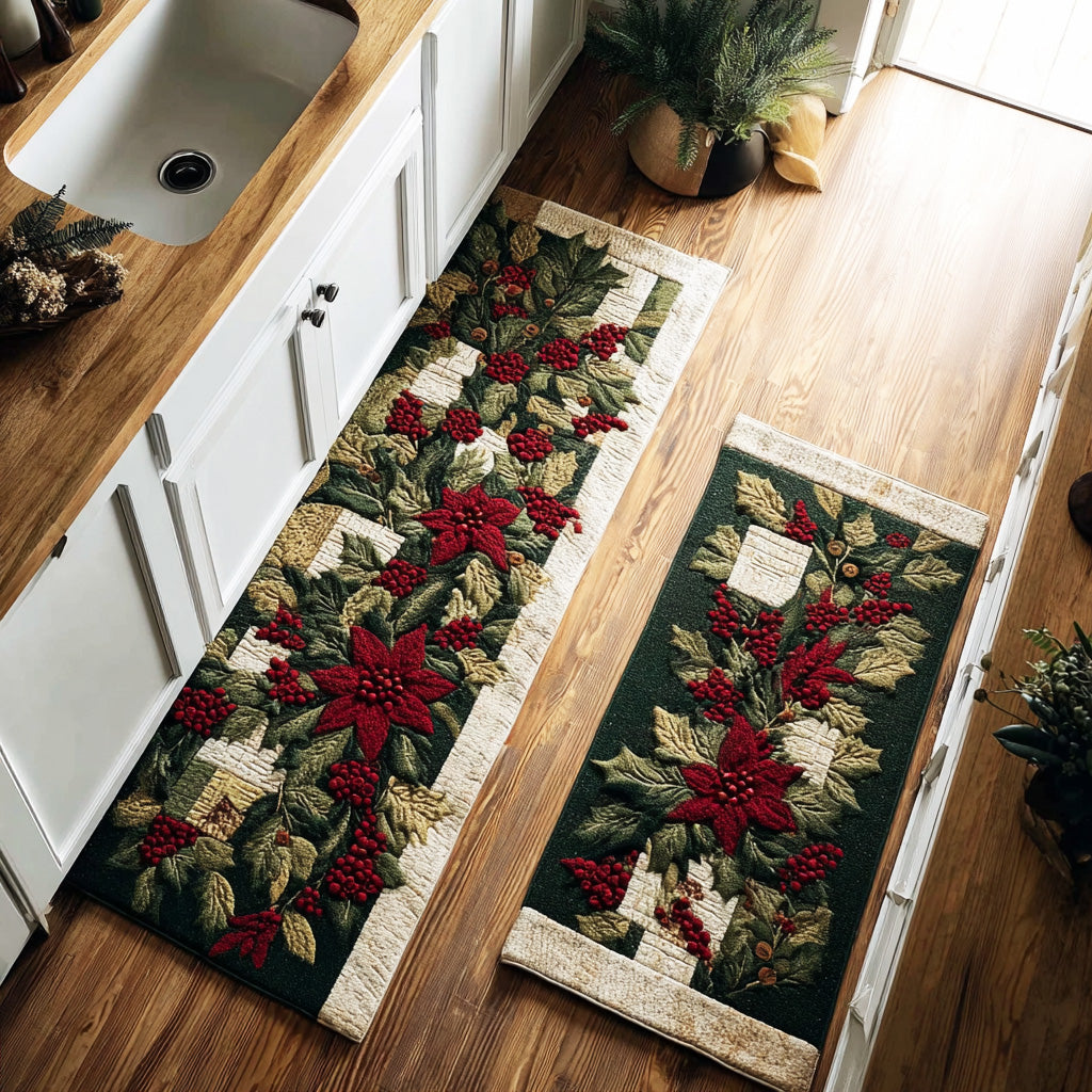 Winter Red Flower kitchen mat set – poinsettias on green