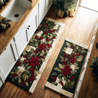 Winter Red Flower kitchen mat set – poinsettias on green