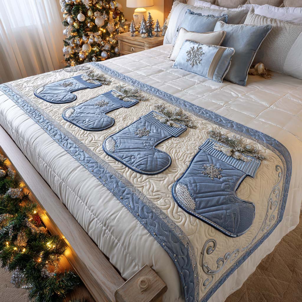 Blue Stockings quilted bed runner – blue Christmas stockings on cream
