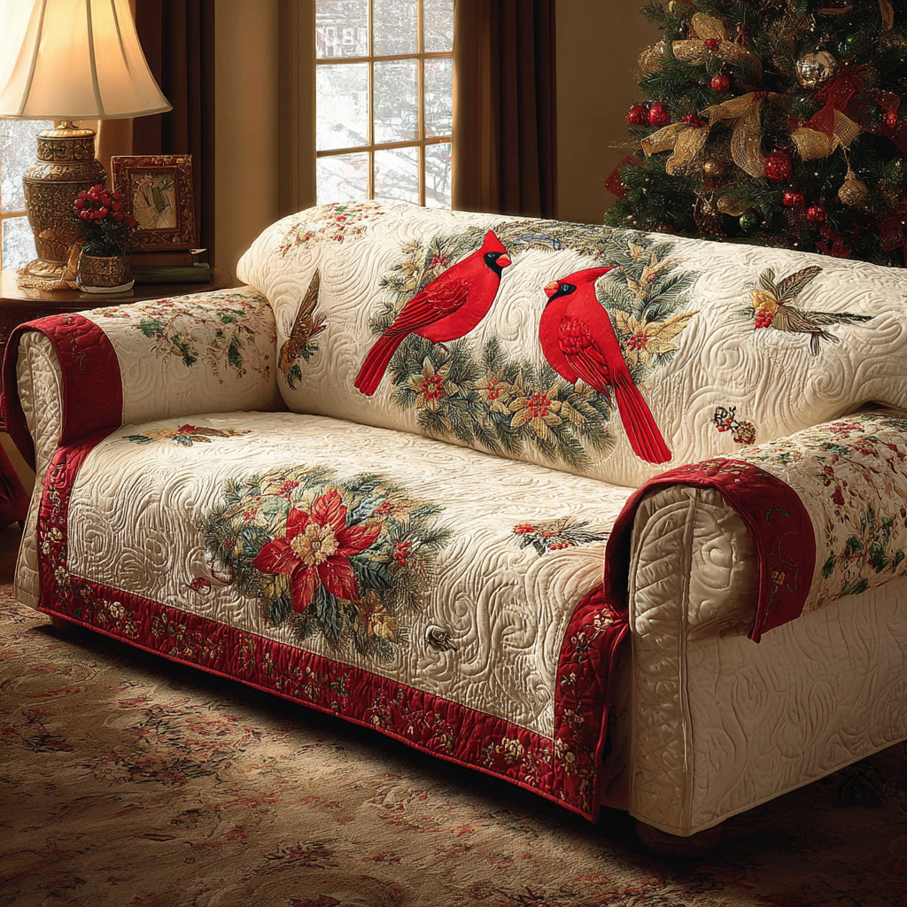 Cardinal Poinsettia quilted sofa cover – cardinals above a red poinsettia