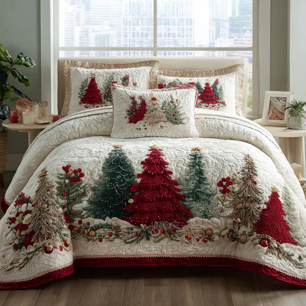 Quilted bedspread set with snow-laden pines, frosted branches and pale snowflakes in icy blue and silver-grey, the Frosted Winter design
