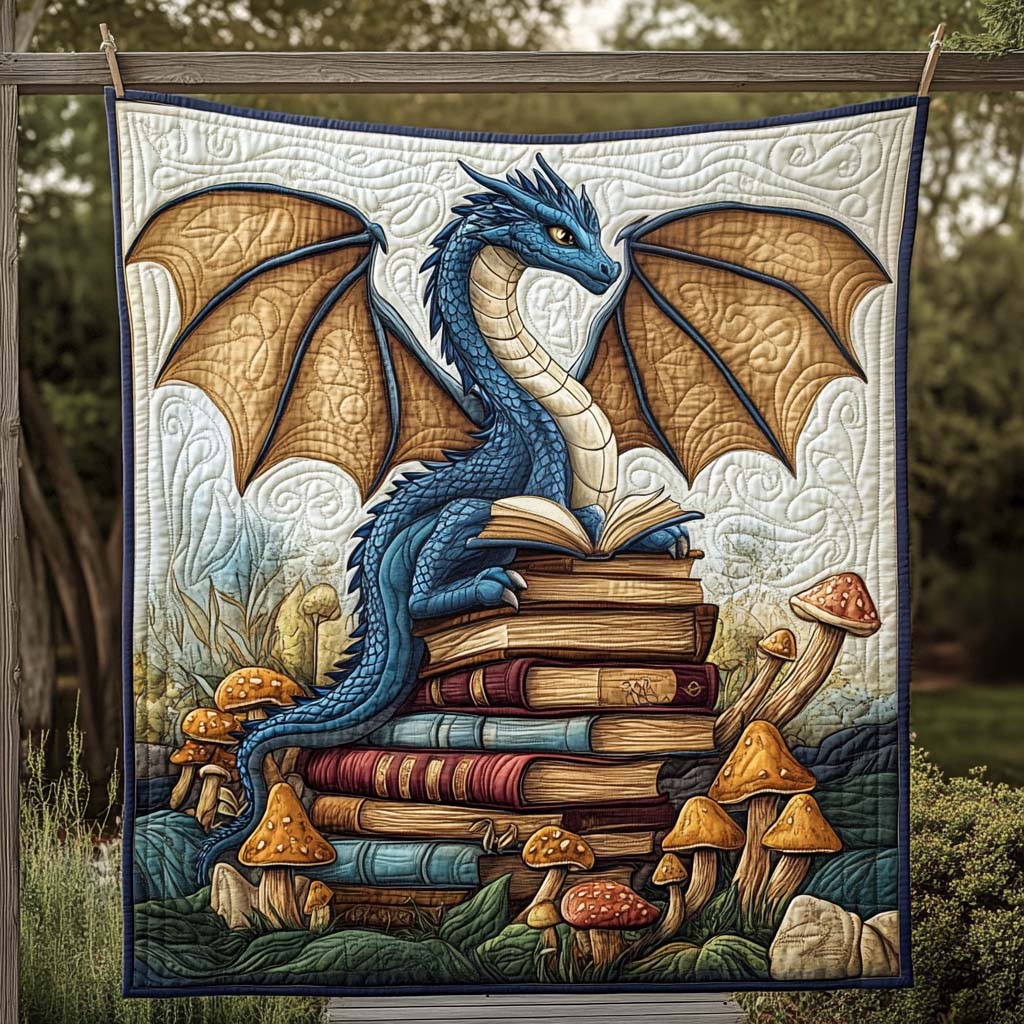 Blue Dragon and Toadstools quilted throw – blue dragon on books among toadstools