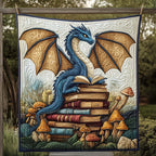 Blue Dragon and Toadstools quilted throw – blue dragon on books among toadstools