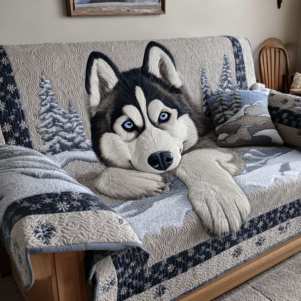 Husky in the Pines quilted sofa cover – husky among snowy pines
