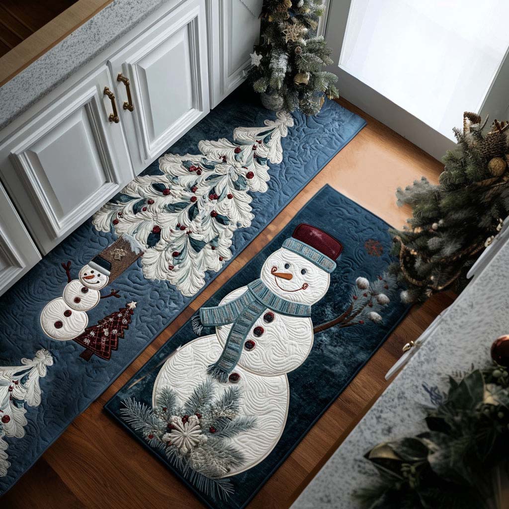 Frosty Bliss kitchen mat set – snowman and frosted pines