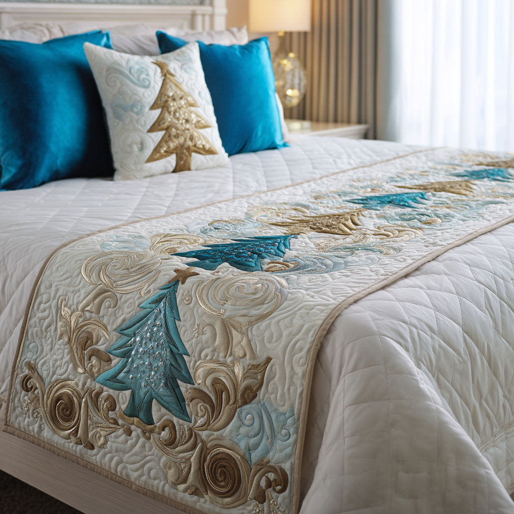 Blue Pines and Scrolls quilted bed runner – blue pines among cream scrolls