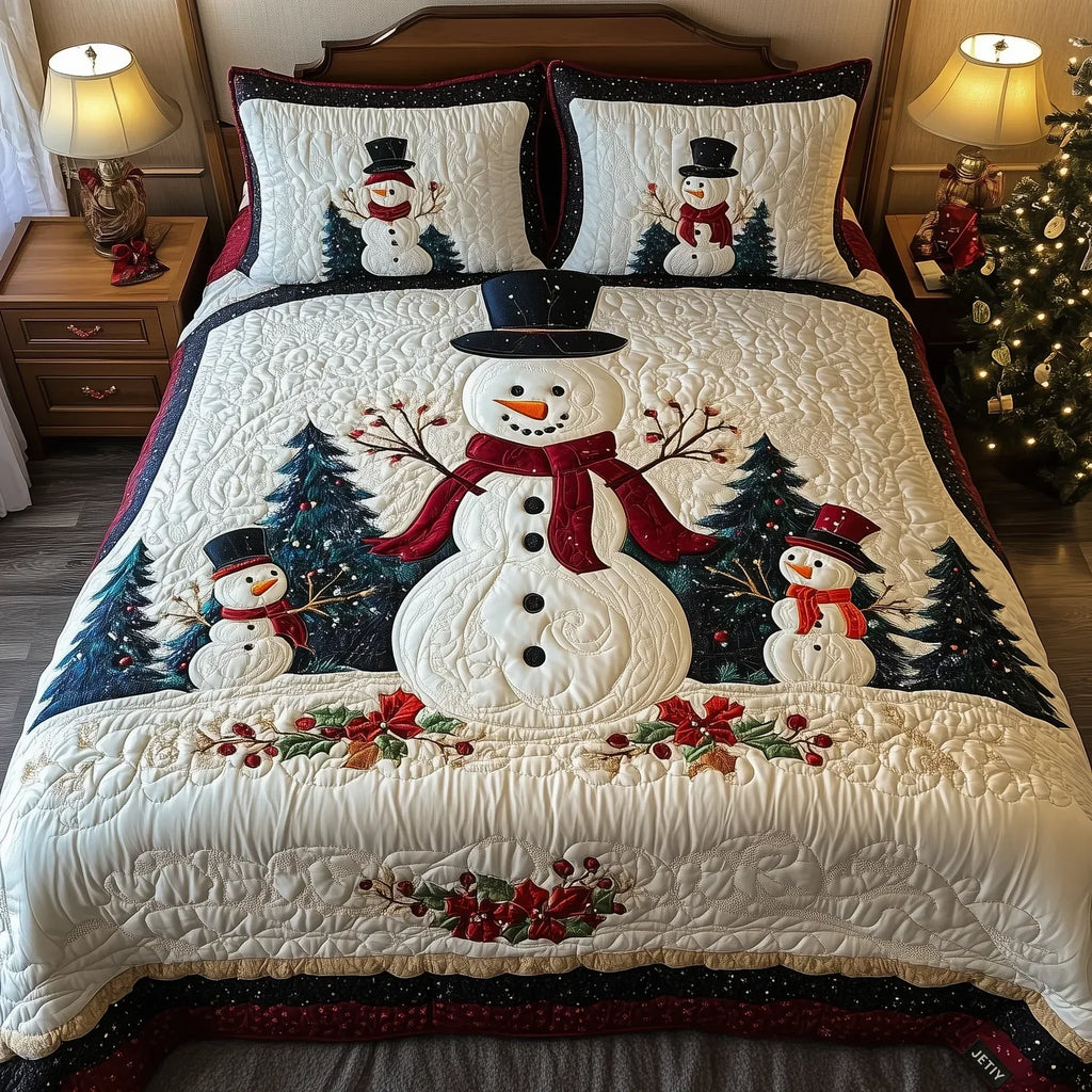 Quilted bedspread set with scarved snowmen among fir trees and falling snow on ice blue in the Frosty Friends design