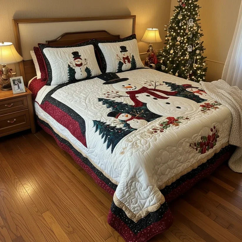 The Frosty Friends quilted bedspread set laid out on a made bed