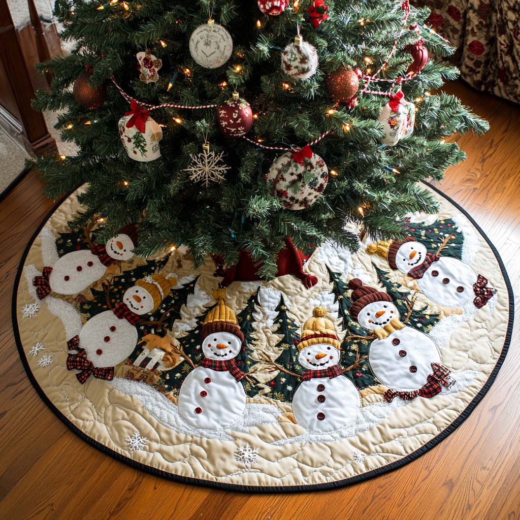 Snowman Friends quilted Christmas tree skirt – little snowmen and trees on white