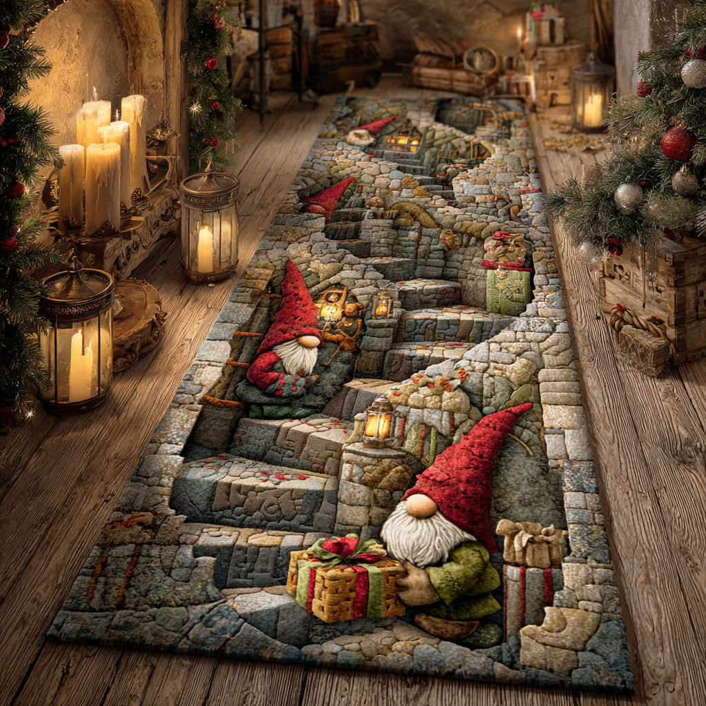 Frosty Gnome Lane hallway runner – gnomes on a stone stair