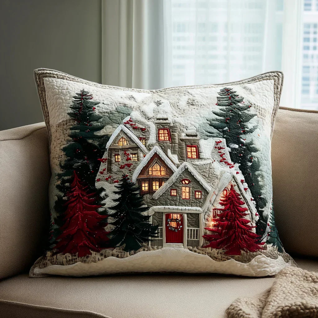 Quilted pillowcase with the Frosty Night design, a deep blue star-scattered night sky over snowy ground on the wave-stitch quilted front