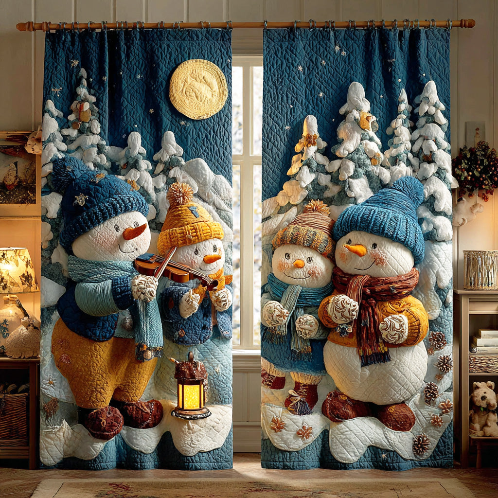 Snowman Carollers quilted curtains – snowmen singing under the moon