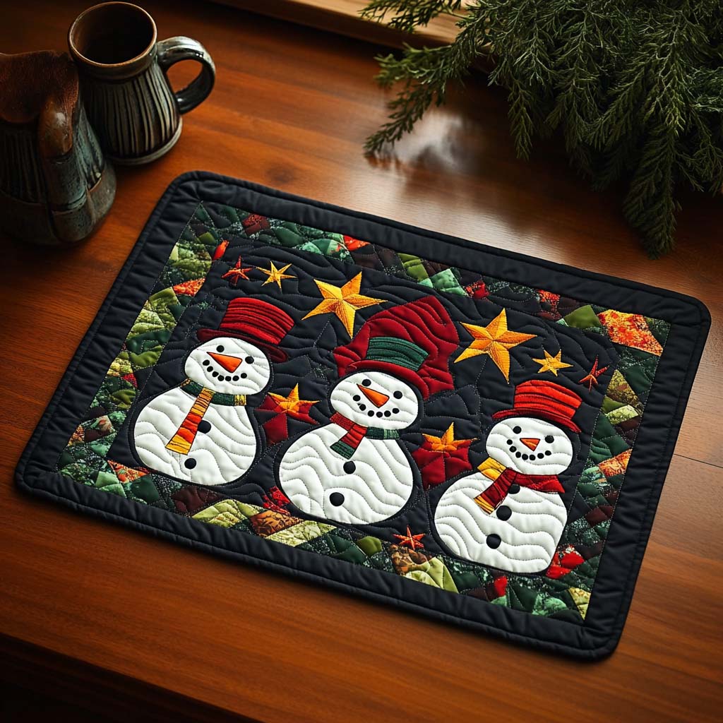 Frosty Trio quilted placemats – three snowmen