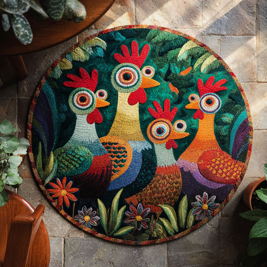 Rooster Parade round rug – big-eyed roosters