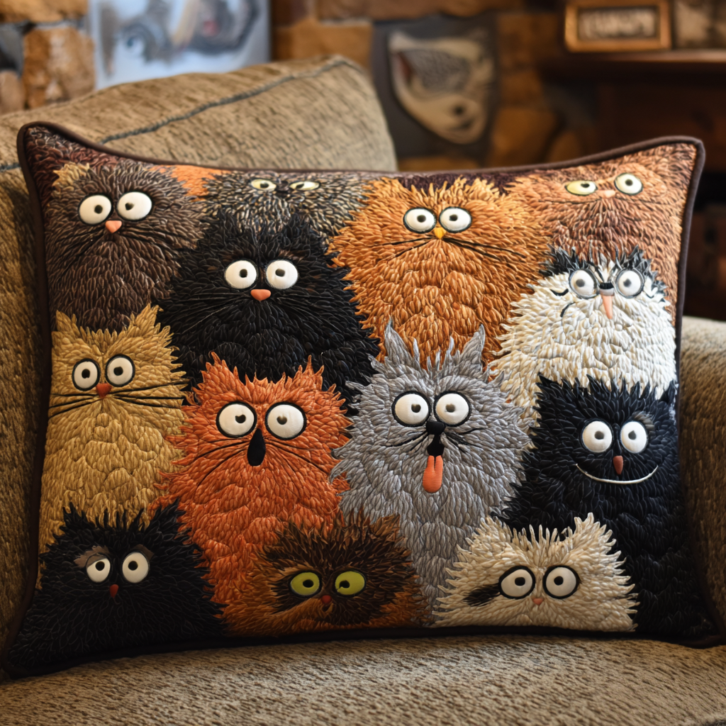 Fluffy Cat Crowd quilted pillowcase – crowd of fluffy wide-eyed cats