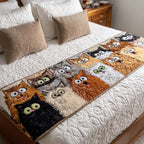 Owl and Cat Patchwork quilted bed runner – owls and cats in warm patchwork