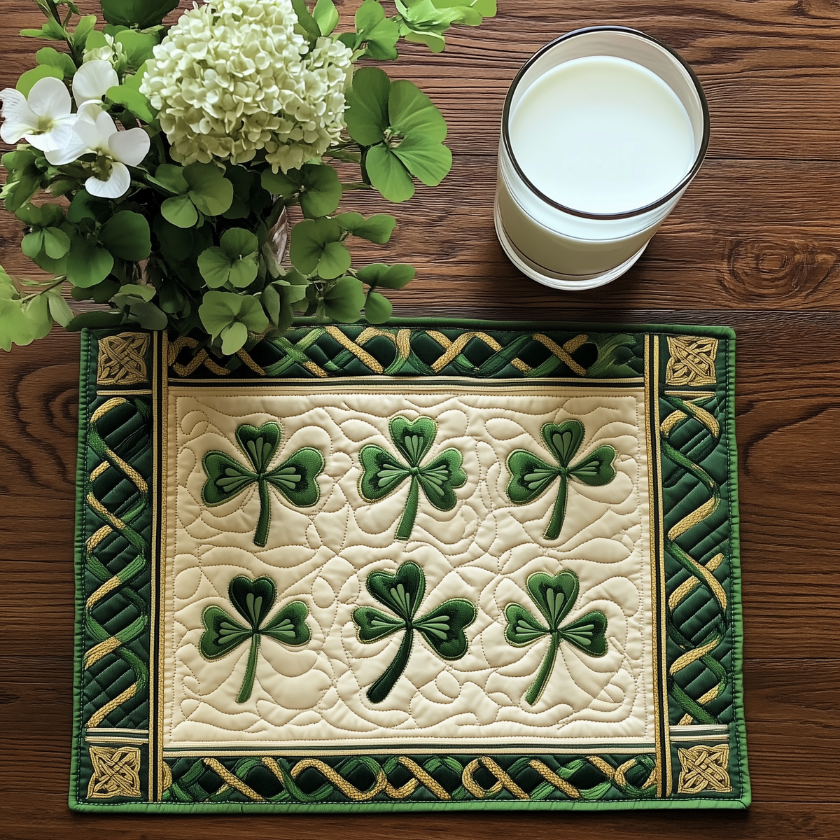 Irish Shamrock quilted placemats – six shamrocks