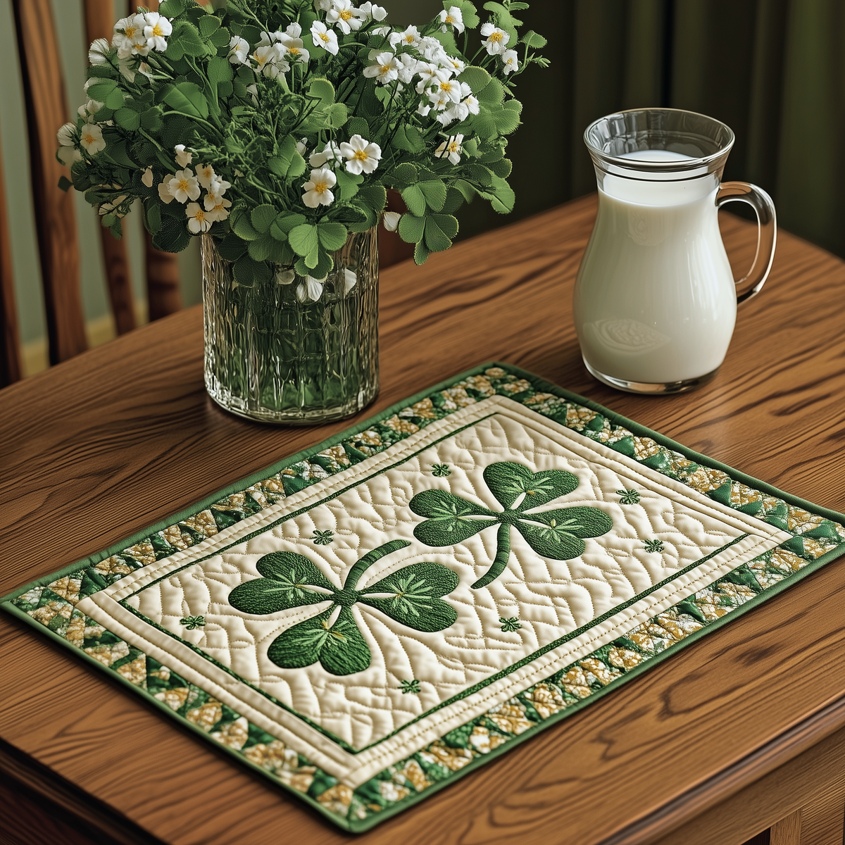 Shamrock Trio quilted placemats – three shamrocks