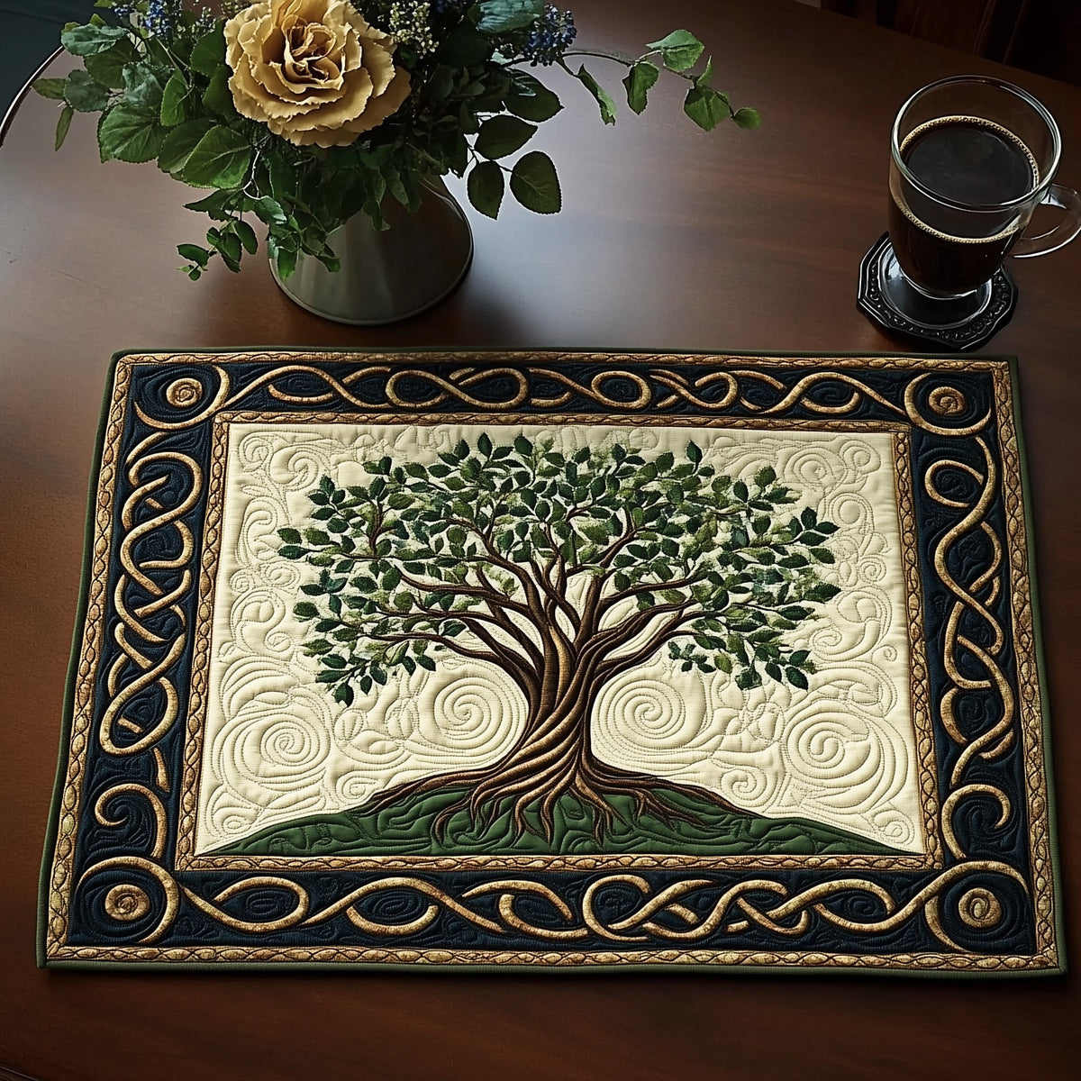 Knotted Border Tree quilted placemats – tree in knotwork border