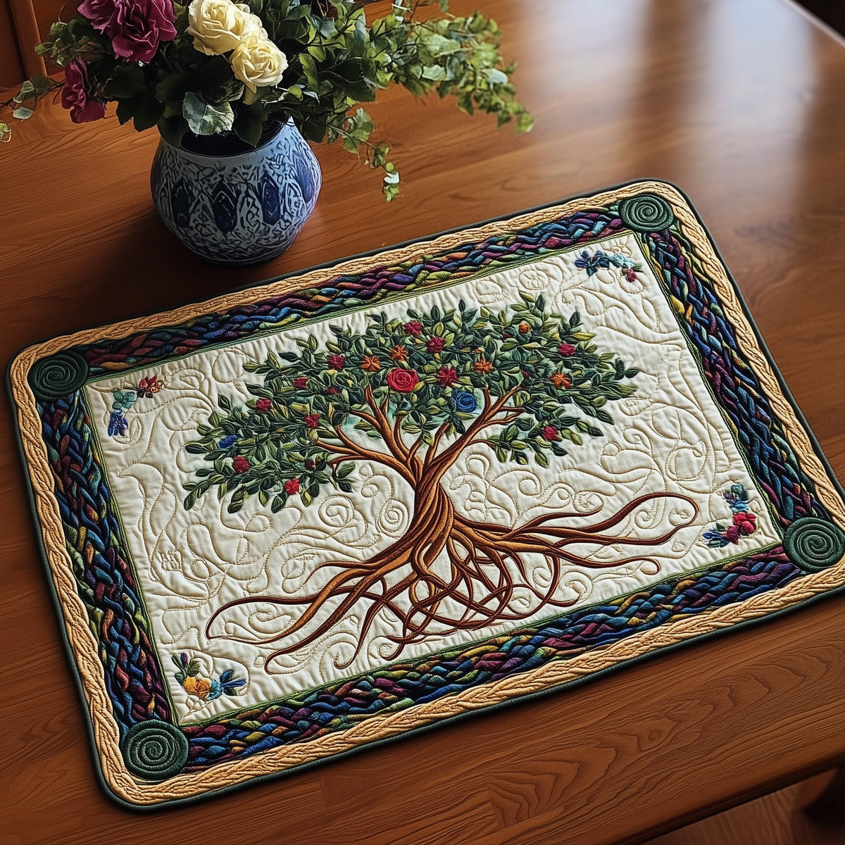 Rooted Tree of Life quilted placemats – tree with red roots