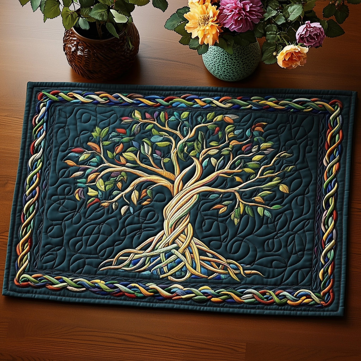 Navy Tree of Life quilted placemats – twisted tree on navy
