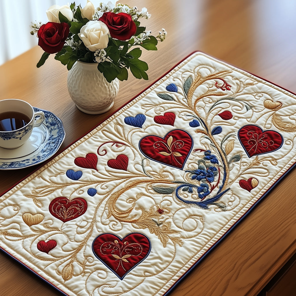 Love in Bloom quilted placemats – hearts and scrolls