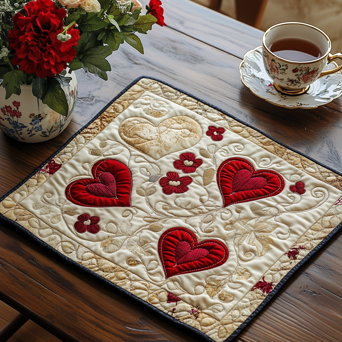 Scattered Hearts quilted placemats – red hearts on cream